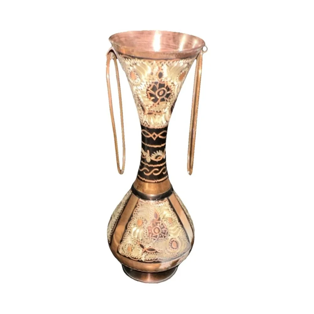 3/Antique Turkish Copper Vase with Carvings, Textured Abstract Art Design 10''